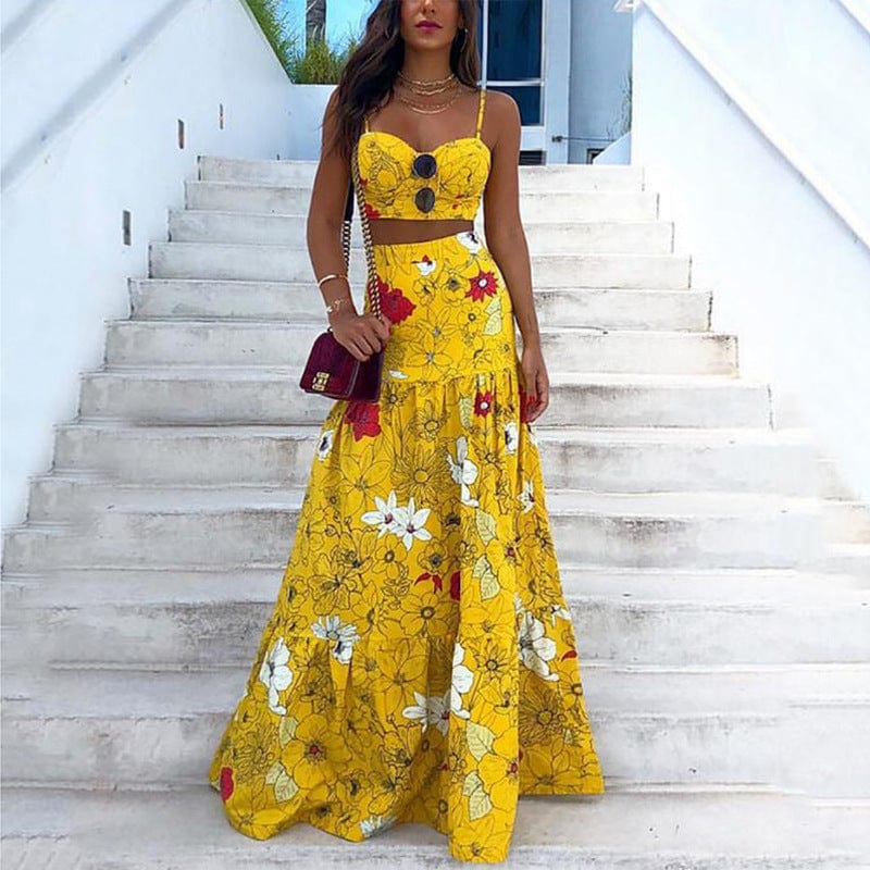 Coldker Women's Bohemian Floral Printed 2 Piece Sets Dress Crop Cami Top & Beach Party Maxi Elegant Dress