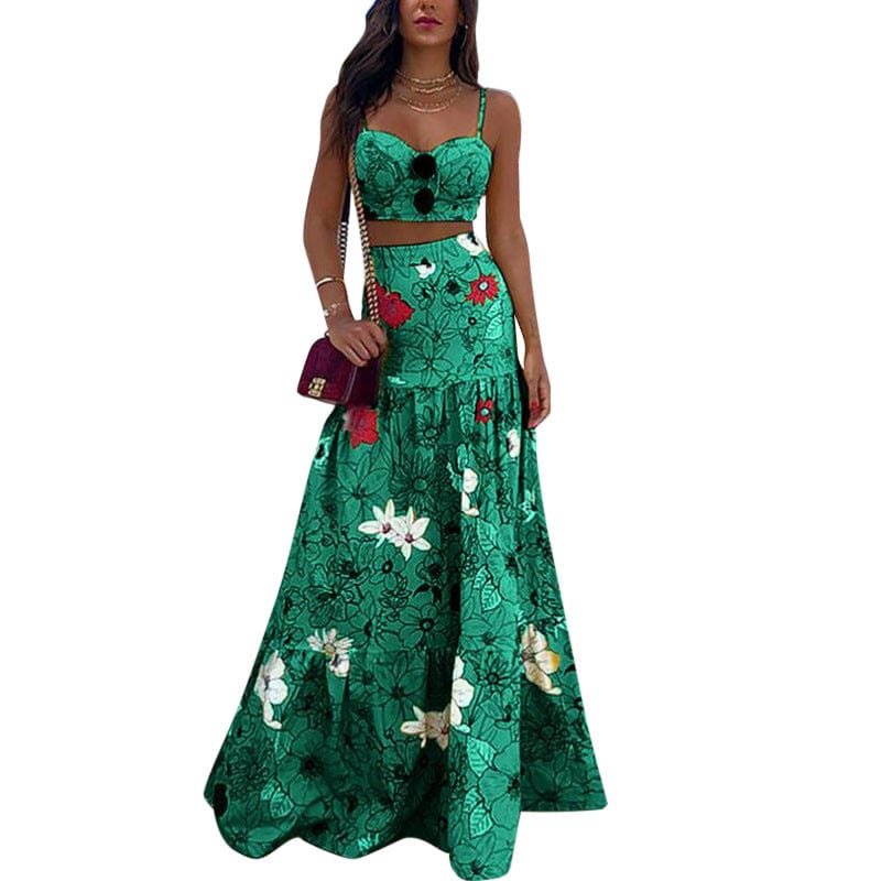 Coldker Women's Bohemian Floral Printed 2 Piece Sets Dress Crop Cami Top & Beach Party Maxi Elegant Dress