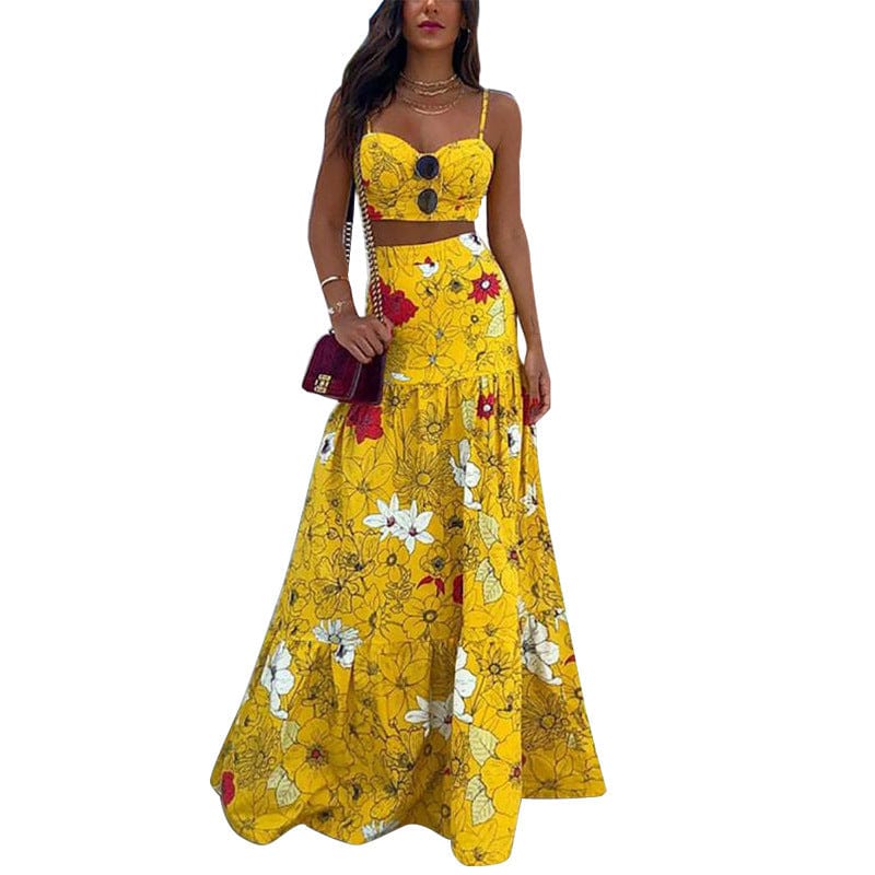 Coldker Women's Bohemian Floral Printed 2 Piece Sets Dress Crop Cami Top & Beach Party Maxi Elegant Dress