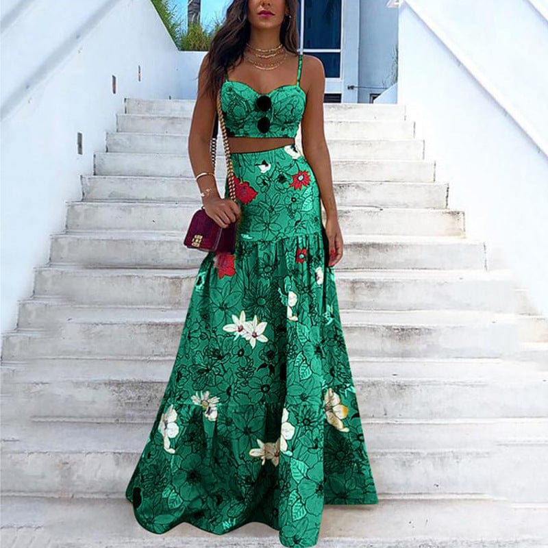 Coldker Women's Bohemian Floral Printed 2 Piece Sets Dress Crop Cami Top & Beach Party Maxi Elegant Dress