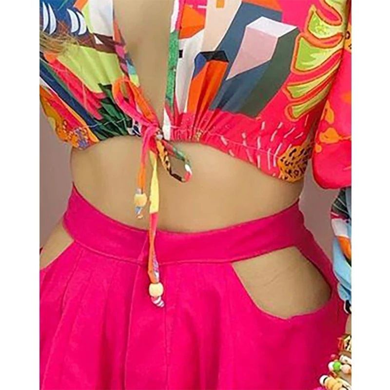 Coldker Women Two Piec Set Print Deep V Neck Colorblock Lantern Sleeve Croop Top & Cutout Plain Shorts Set