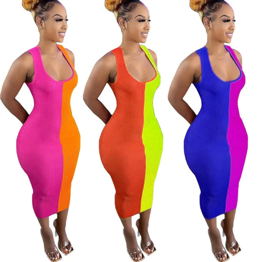 Color Patchwork Ladies Sundress Elegant Casual Dresses Club Summer Party Sexy Womens Long Dresses