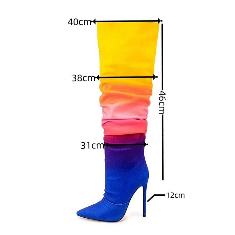 Colorful Mixed Big Size 47 Stiletto Style High Slim Heels Shoes Women Pointed Toe Pleated Knee High Boots Slip On Long Booties