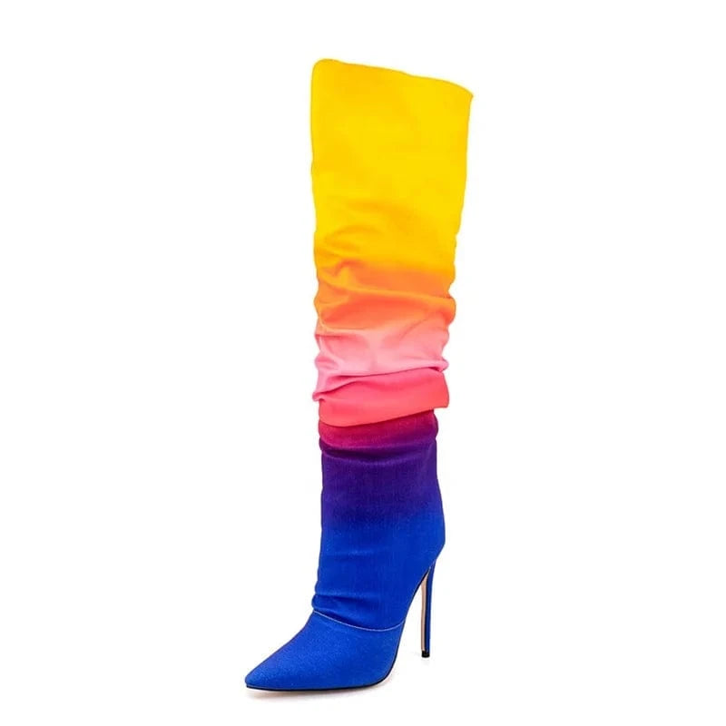 Colorful Mixed Big Size 47 Stiletto Style High Slim Heels Shoes Women Pointed Toe Pleated Knee High Boots Slip On Long Booties
