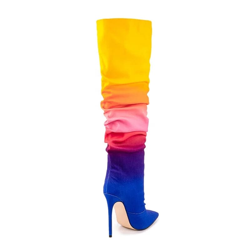 Colorful Mixed Big Size 47 Stiletto Style High Slim Heels Shoes Women Pointed Toe Pleated Knee High Boots Slip On Long Booties