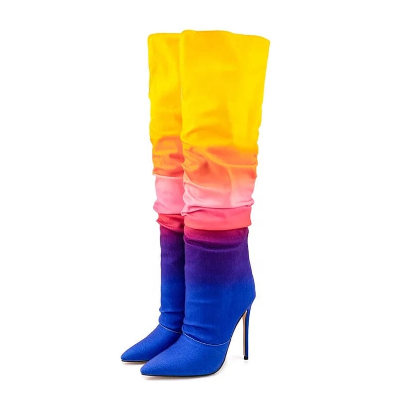 Colorful Mixed Big Size 47 Stiletto Style High Slim Heels Shoes Women Pointed Toe Pleated Knee High Boots Slip On Long Booties
