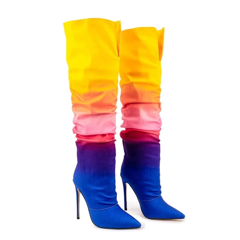Colorful Mixed Big Size 47 Stiletto Style High Slim Heels Shoes Women Pointed Toe Pleated Knee High Boots Slip On Long Booties