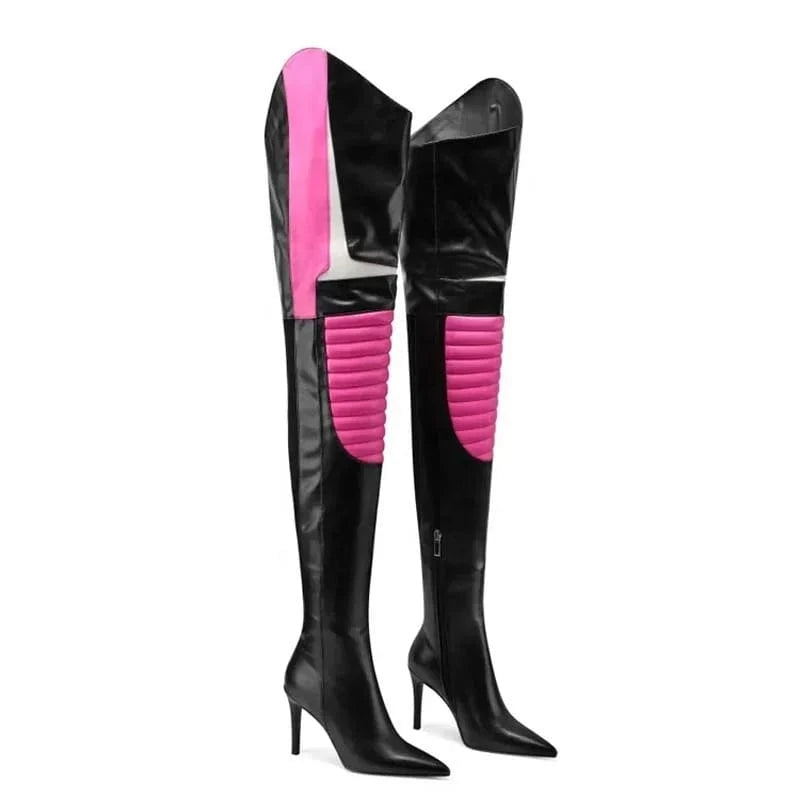 Colorful Mixed Color Women's Over Knee Boots Slim High Heels Side Zipper Pointed Shoes Lady Large Size 44 Thigh High Booties