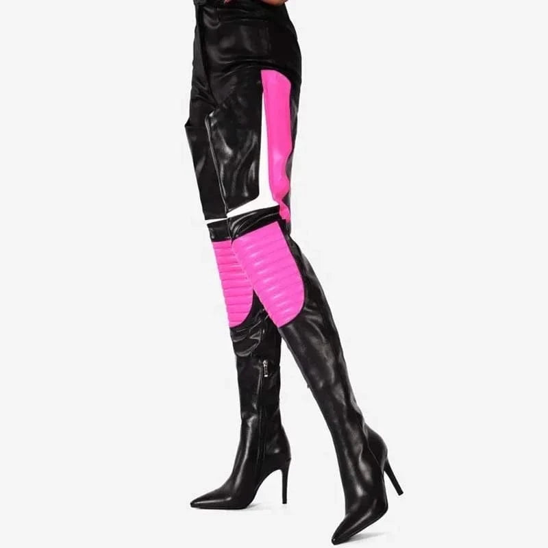 Colorful Mixed Color Women's Over Knee Boots Slim High Heels Side Zipper Pointed Shoes Lady Large Size 44 Thigh High Booties