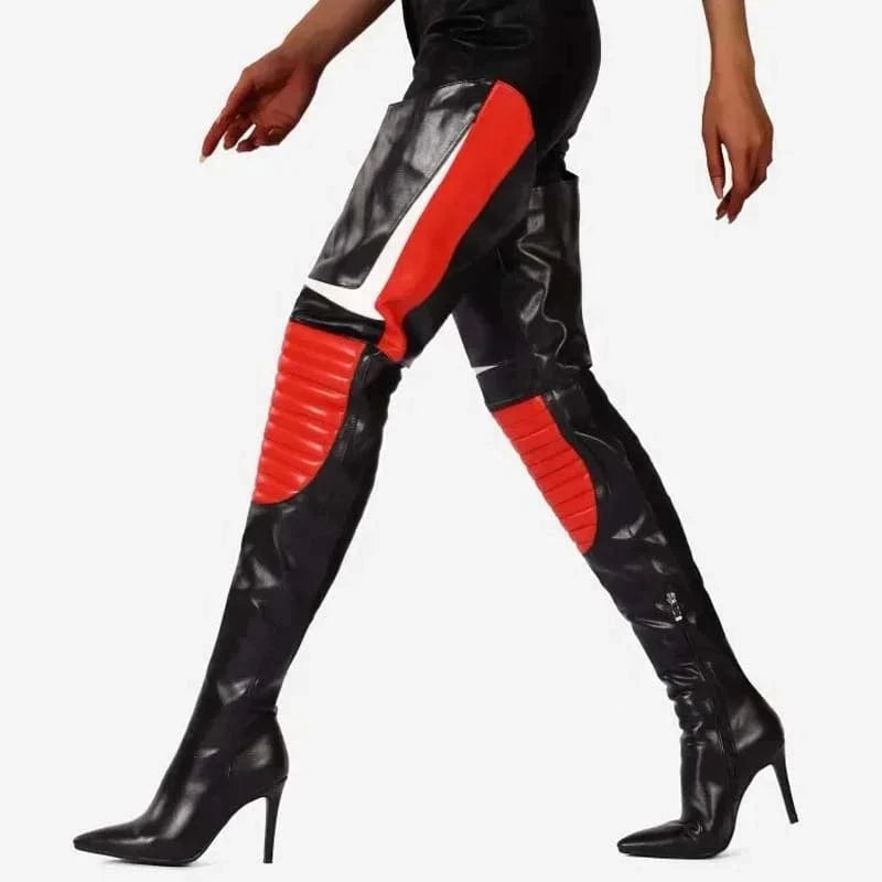 Colorful Mixed Color Women's Over Knee Boots Slim High Heels Side Zipper Pointed Shoes Lady Large Size 44 Thigh High Booties