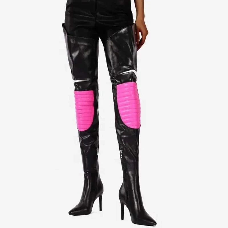Colorful Mixed Color Women's Over Knee Boots Slim High Heels Side Zipper Pointed Shoes Lady Large Size 44 Thigh High Booties