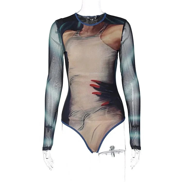 Colorful O Neck Long Sleeves 3D Print Sexy Bodycon Skinny Tops 2024 Spring Fall Fashion Bodysuit