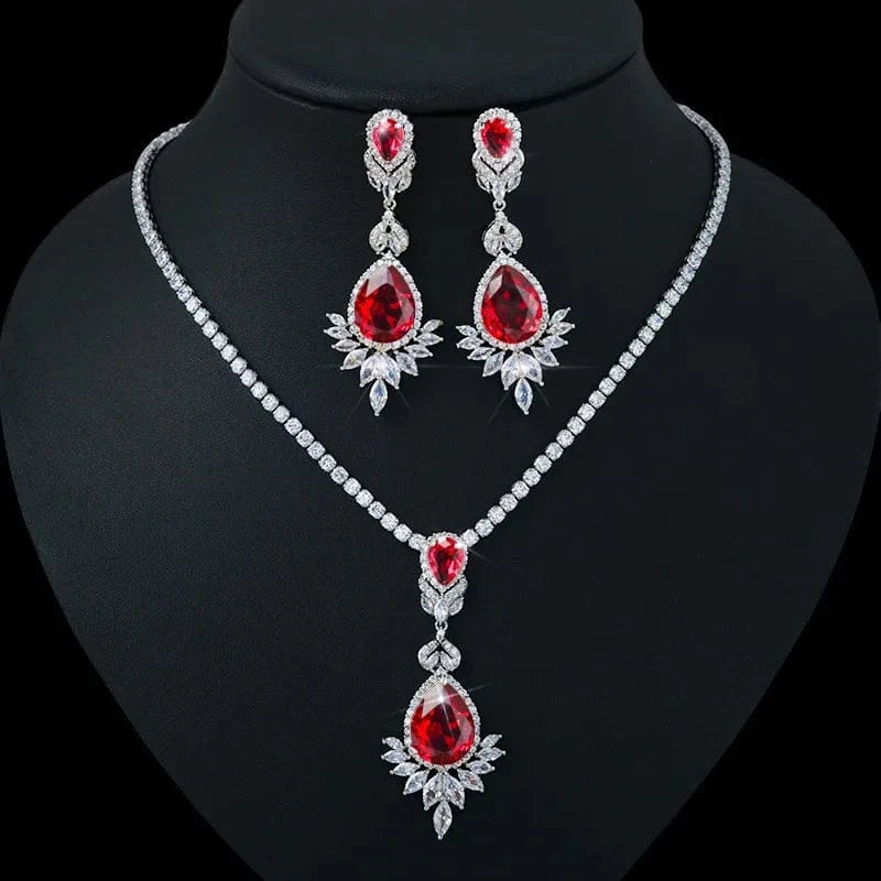 Colorful Zircon Jewelry Set Geometric Necklace Silver Needle Earring Women Fashion Bridal Wedding Jewelry Set for Mother Gift