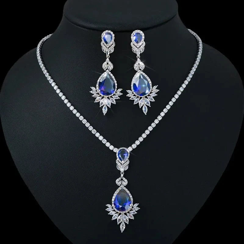 Colorful Zircon Jewelry Set Geometric Necklace Silver Needle Earring Women Fashion Bridal Wedding Jewelry Set for Mother Gift
