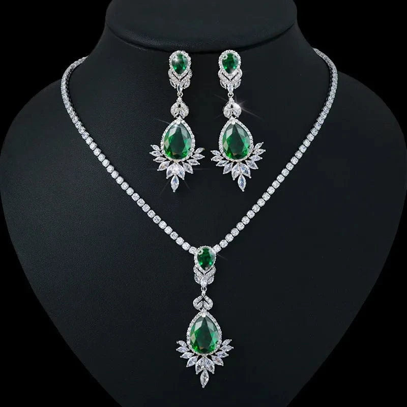 Colorful Zircon Jewelry Set Geometric Necklace Silver Needle Earring Women Fashion Bridal Wedding Jewelry Set for Mother Gift
