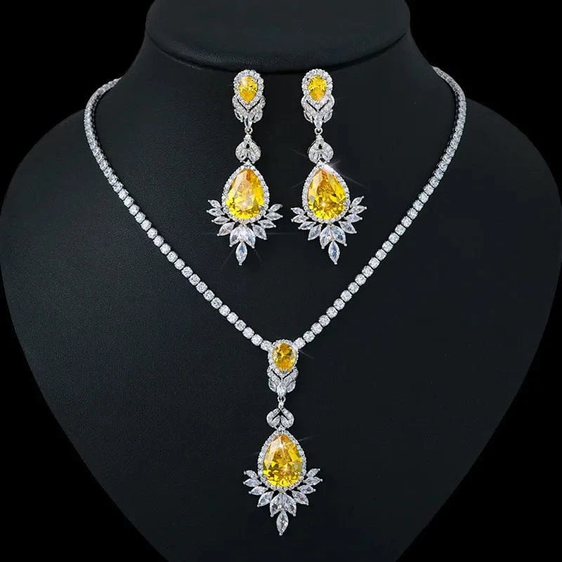 Colorful Zircon Jewelry Set Geometric Necklace Silver Needle Earring Women Fashion Bridal Wedding Jewelry Set for Mother Gift