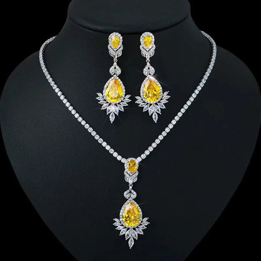 Colorful Zircon Jewelry Set Geometric Necklace Silver Needle Earring Women Fashion Bridal Wedding Jewelry Set for Mother Gift