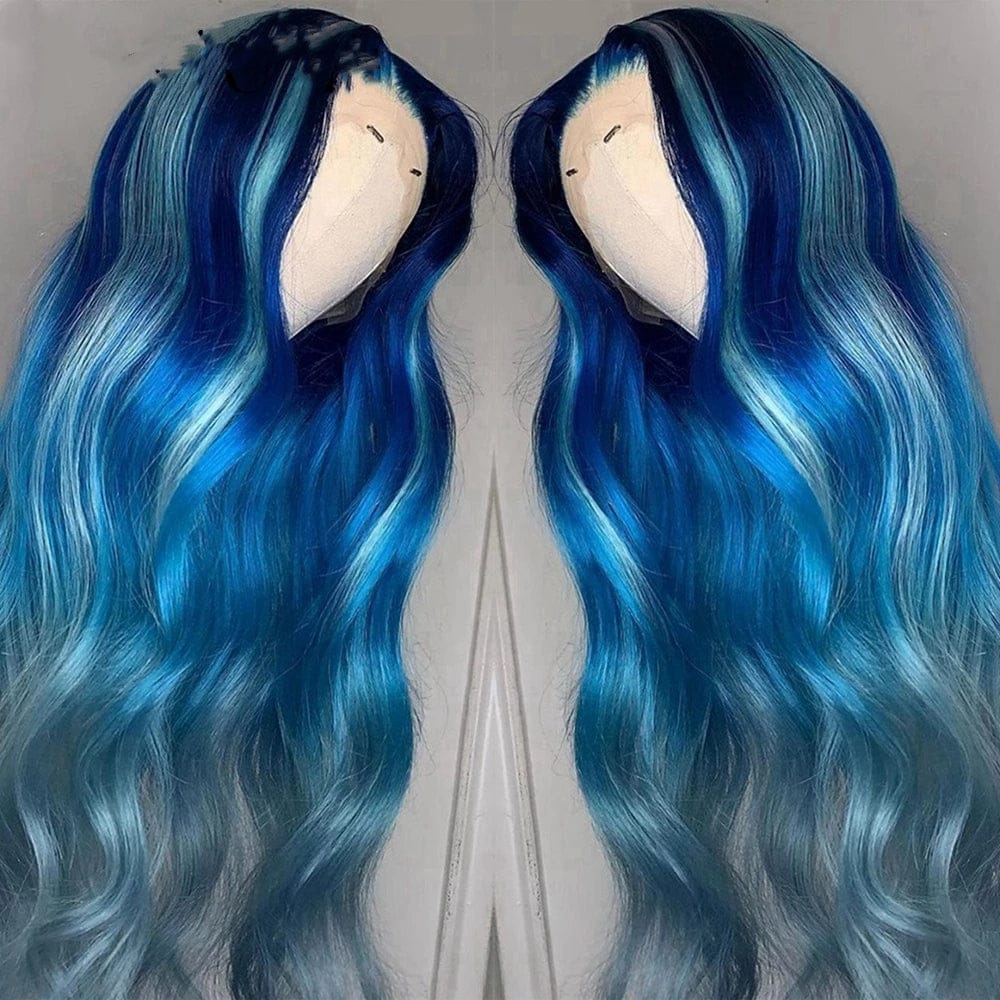 Coloured Wigs Human Hair Ombre Blue Color Silky Straight With Pre-pluck Deep Undetectable Lace Front Wigs