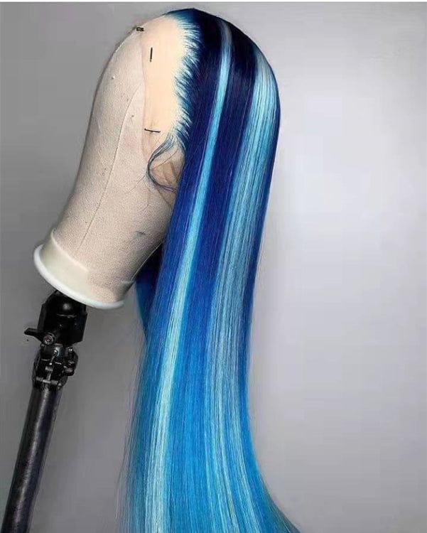 Coloured Wigs Human Hair Ombre Blue Color Silky Straight With Pre-pluck Deep Undetectable Lace Front Wigs