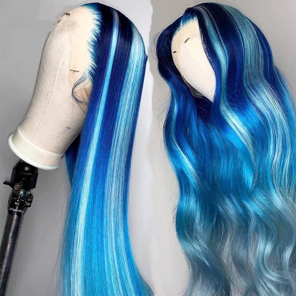 Coloured Wigs Human Hair Ombre Blue Color Silky Straight With Pre-pluck Deep Undetectable Lace Front Wigs