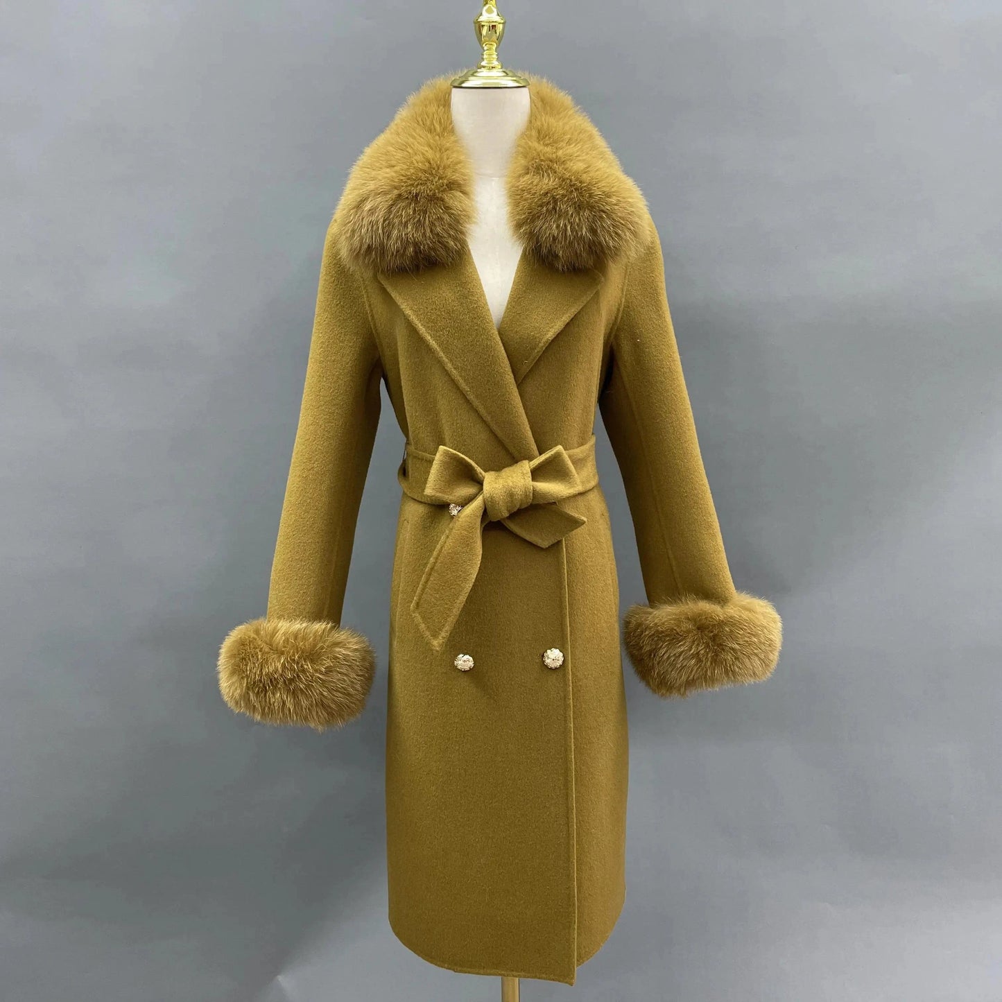 Contact us for more discounts / Army green Winter Trend Real Fox Fur Collar Cashmere Wool Coat with Fur Cuffs