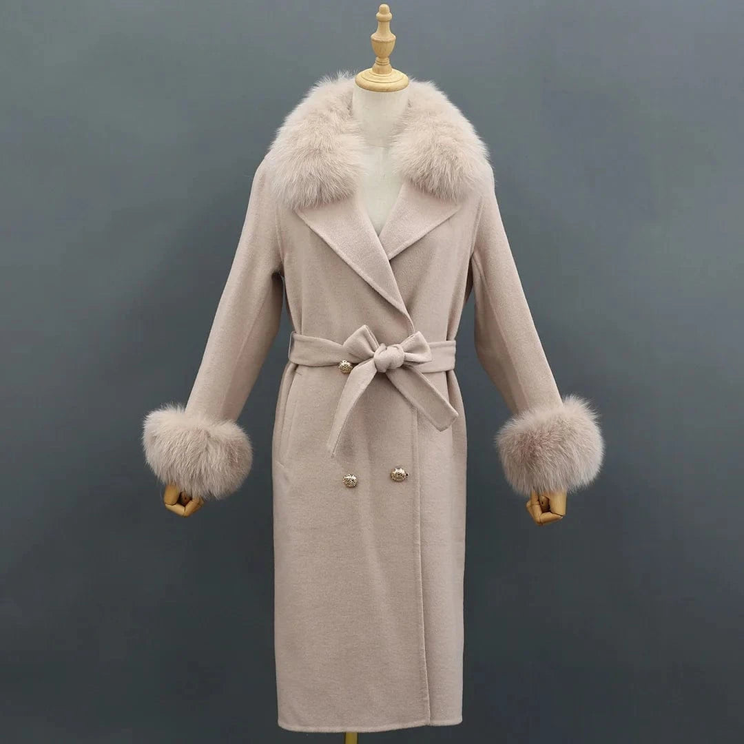 Contact us for more discounts / Beige Winter Trend Real Fox Fur Collar Cashmere Wool Coat with Fur Cuffs