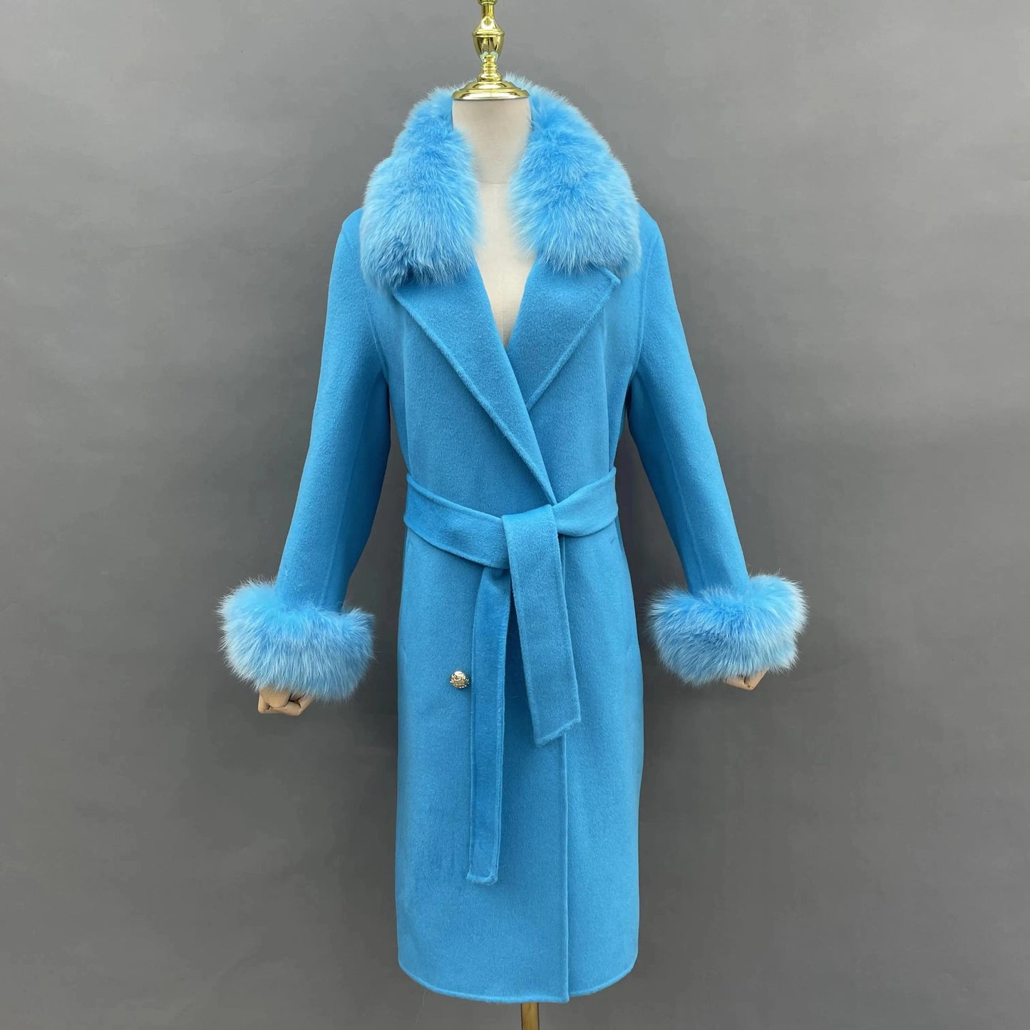Contact us for more discounts / Bright blue Winter Trend Real Fox Fur Collar Cashmere Wool Coat with Fur Cuffs