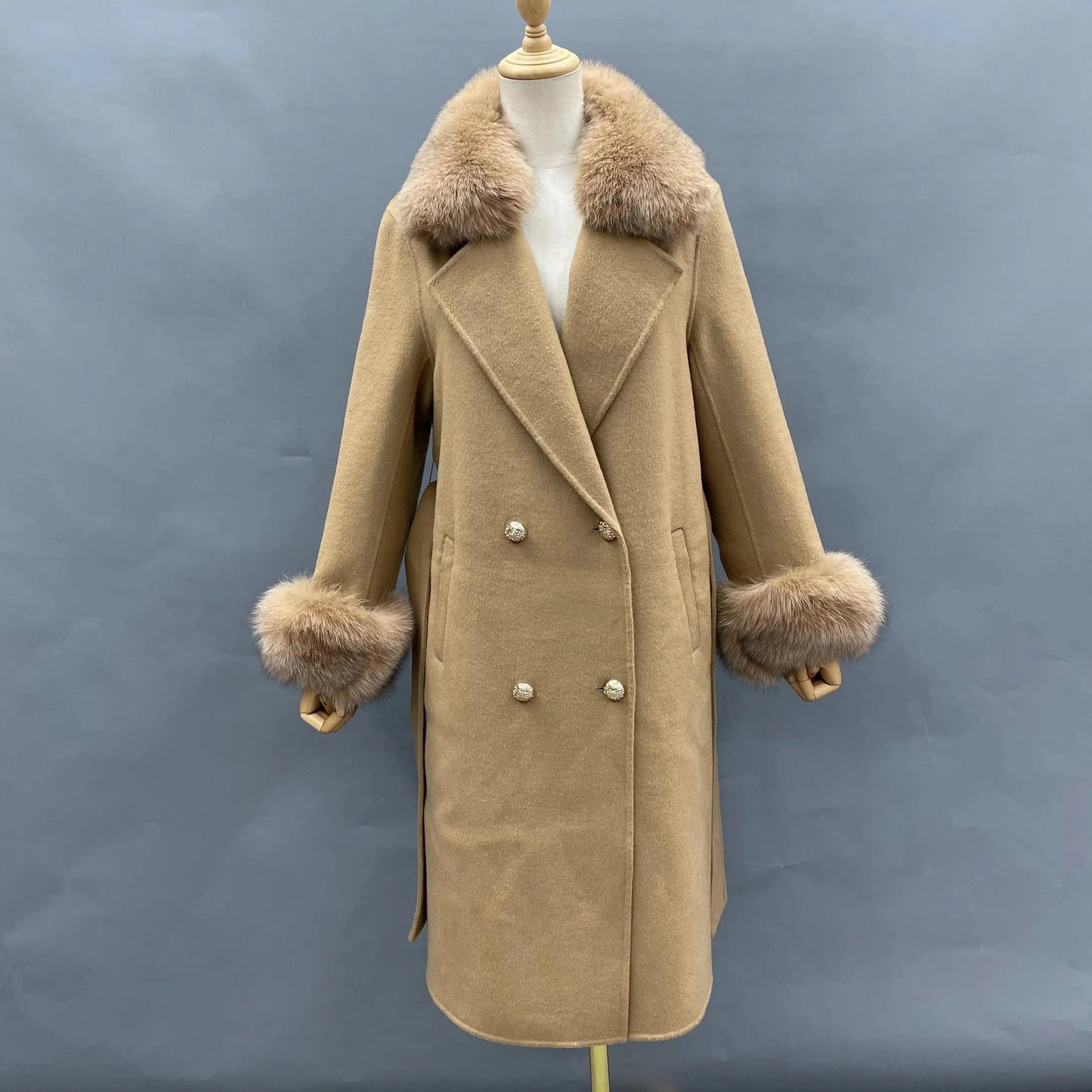 Contact us for more discounts / khaki Winter Trend Real Fox Fur Collar Cashmere Wool Coat with Fur Cuffs