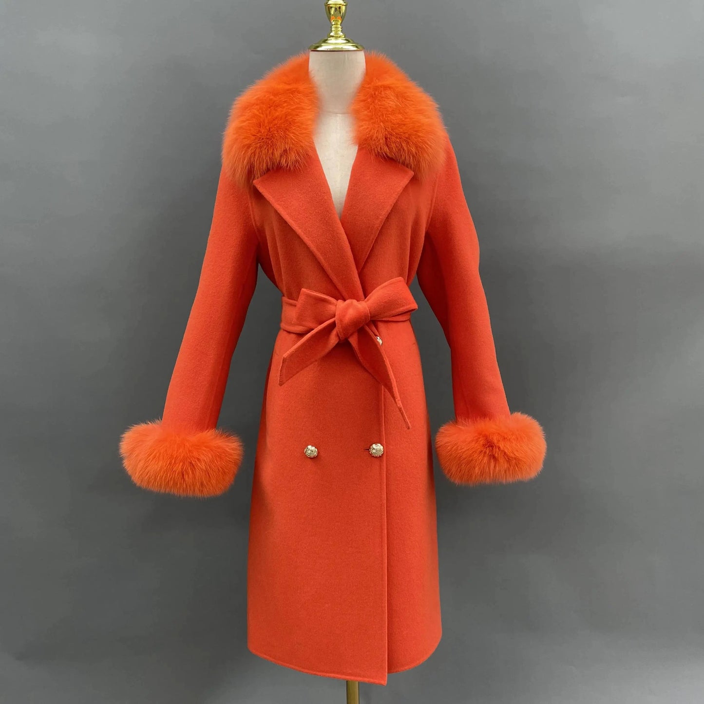 Contact us for more discounts / Orange Winter Trend Real Fox Fur Collar Cashmere Wool Coat with Fur Cuffs