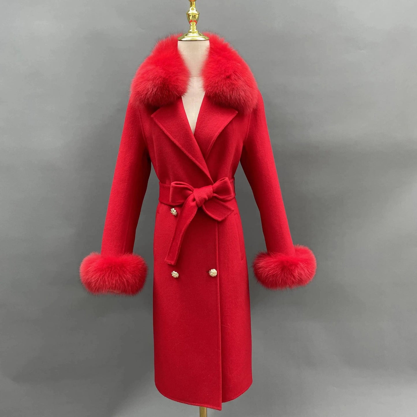Contact us for more discounts / Red Winter Trend Real Fox Fur Collar Cashmere Wool Coat with Fur Cuffs