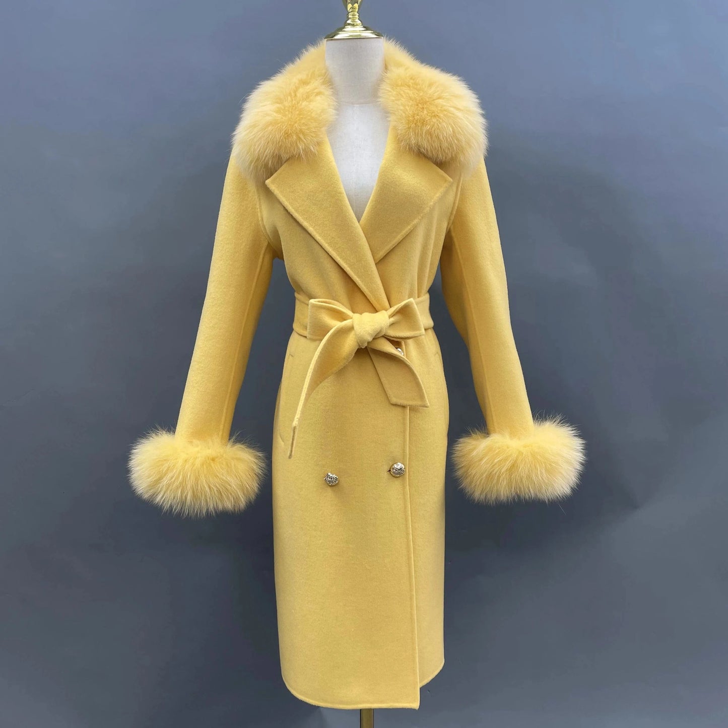 Contact us for more discounts / Yellow Winter Trend Real Fox Fur Collar Cashmere Wool Coat with Fur Cuffs