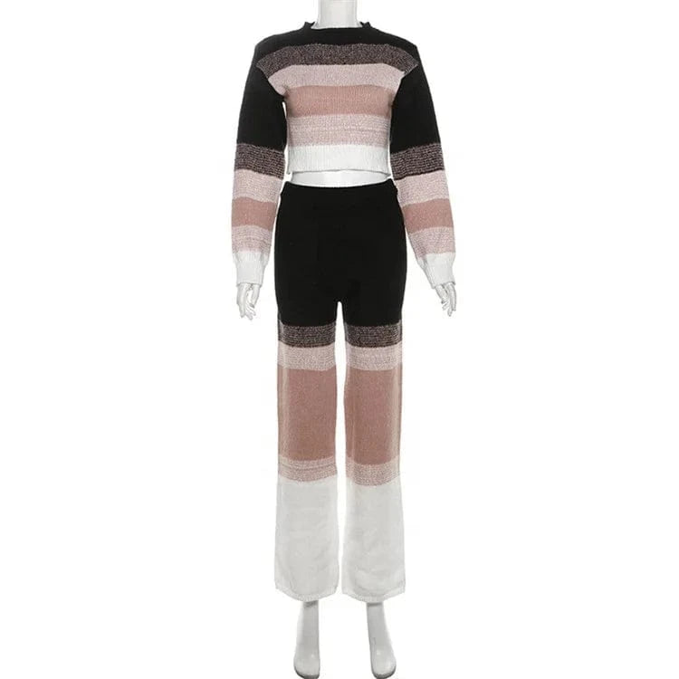 Contrast Color Knitted 2 Piece Set Women Casual Long Sleeve O-neck Crop Tops+High Waist Straight Pants Female Outfit