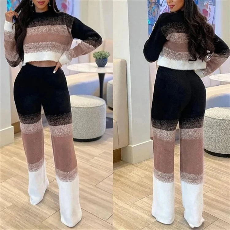 Contrast Color Knitted 2 Piece Set Women Casual Long Sleeve O-neck Crop Tops+High Waist Straight Pants Female Outfit