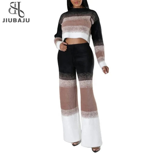 Contrast Color Knitted 2 Piece Set Women Casual Long Sleeve O-neck Crop Tops+High Waist Straight Pants Female Outfit