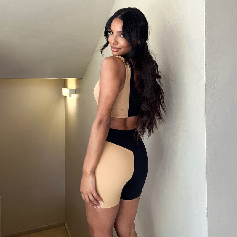 Contrast Color  Patchwork Crop Top & Mini Shorts 2 Pcs Set Sexy Skinny Streetwear 2022 Summer Exercise and Fitness Set