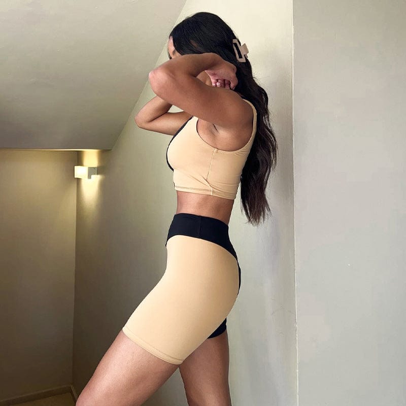 Contrast Color  Patchwork Crop Top & Mini Shorts 2 Pcs Set Sexy Skinny Streetwear 2022 Summer Exercise and Fitness Set