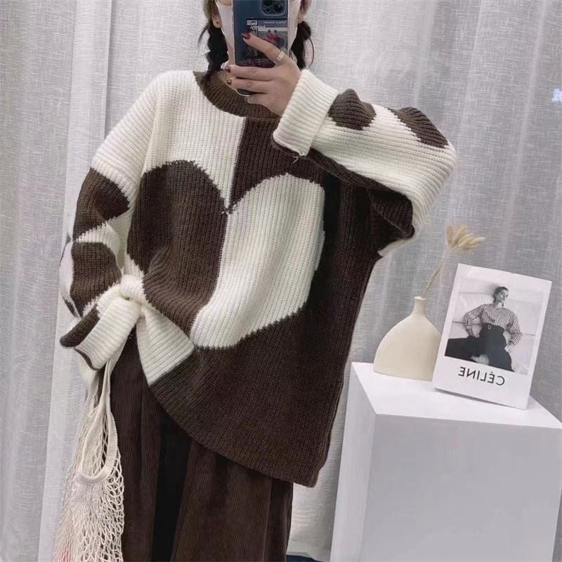 Contrast Color Round Neck Sweater Women's Sense Loose-Fitting Outerwear Top Western Style Love Base Pullover