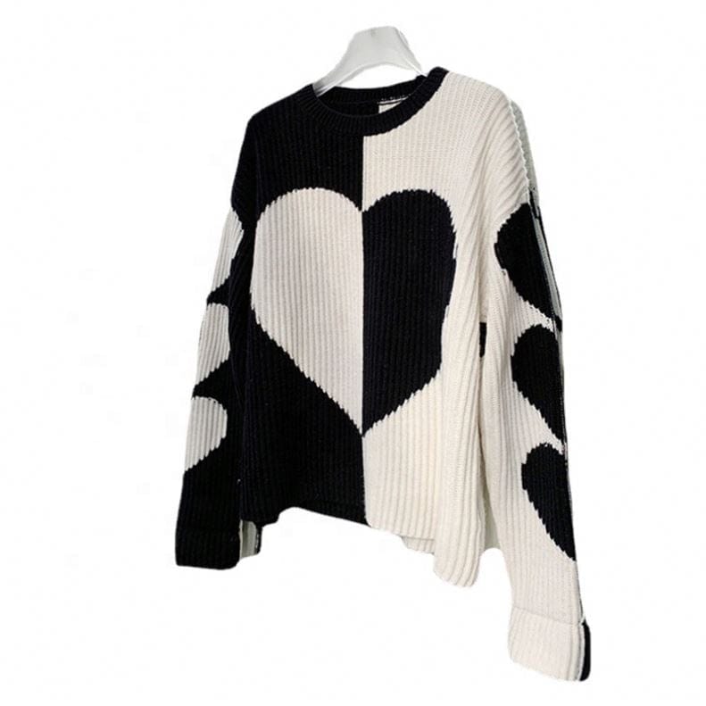 Contrast Color Round Neck Sweater Women's Sense Loose-Fitting Outerwear Top Western Style Love Base Pullover