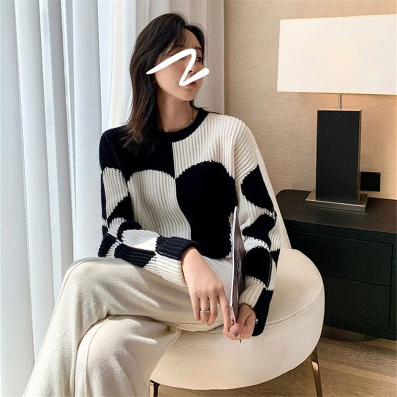Contrast Color Round Neck Sweater Women's Sense Loose-Fitting Outerwear Top Western Style Love Base Pullover