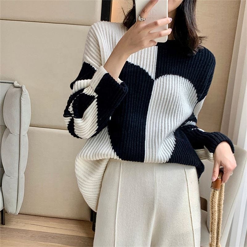 Contrast Color Round Neck Sweater Women's Sense Loose-Fitting Outerwear Top Western Style Love Base Pullover