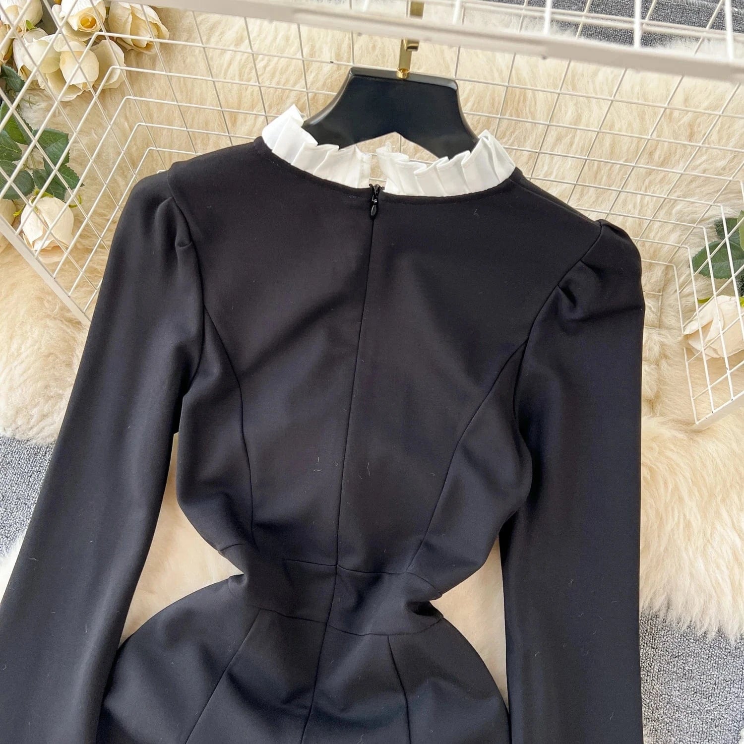 Contrast Panel Petal Neck Dress Slim Fit Black Mid Length Dress