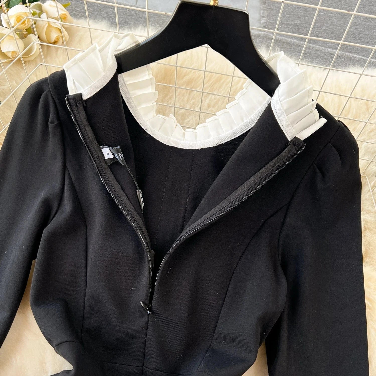 Contrast Panel Petal Neck Dress Slim Fit Black Mid Length Dress