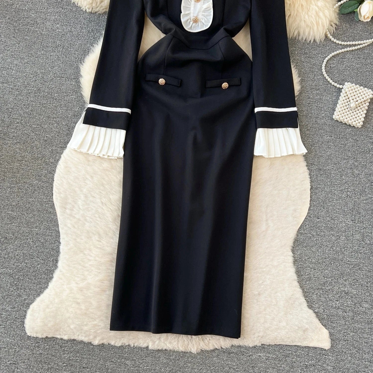 Contrast Panel Petal Neck Dress Slim Fit Black Mid Length Dress