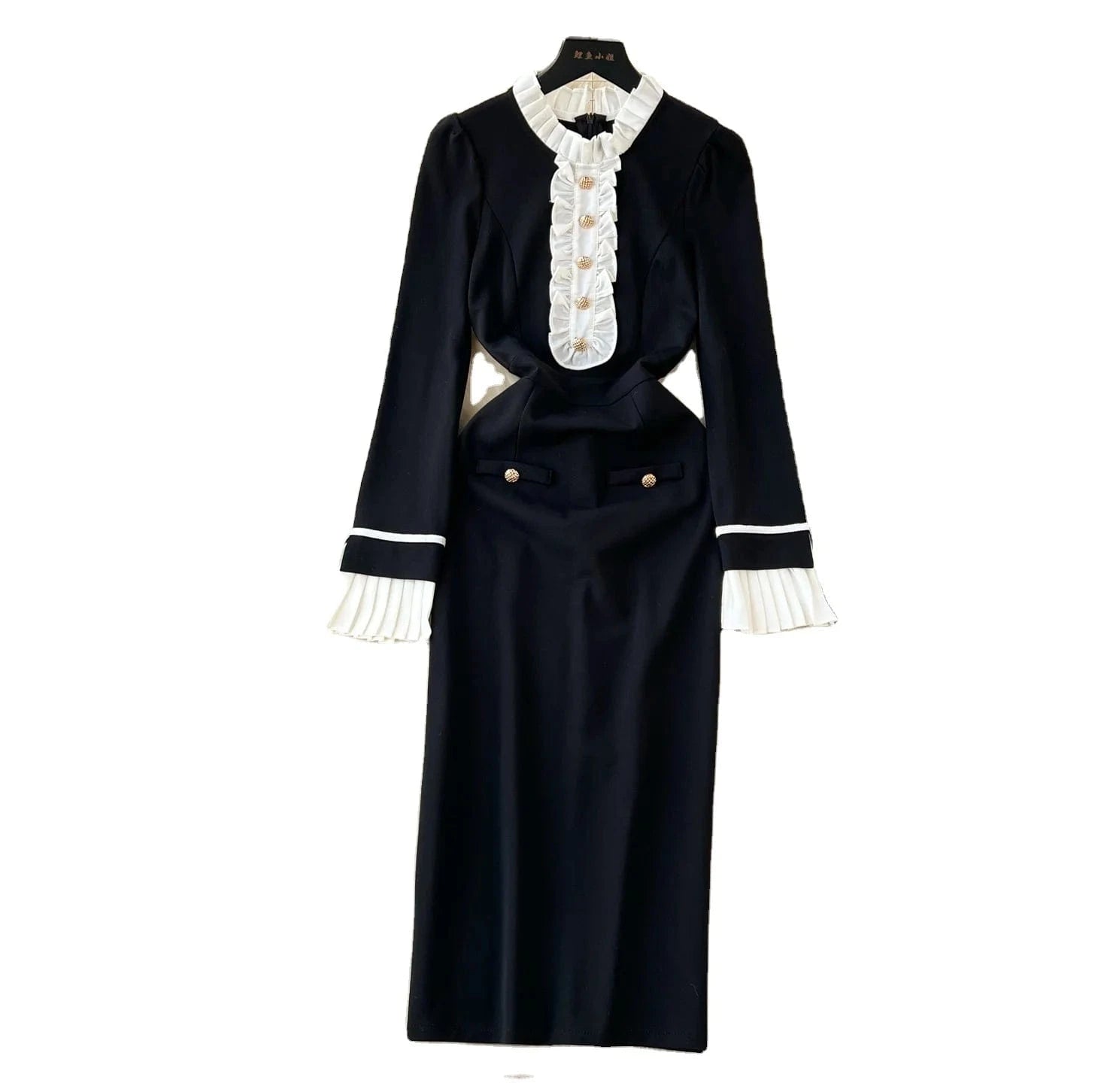 Contrast Panel Petal Neck Dress Slim Fit Black Mid Length Dress