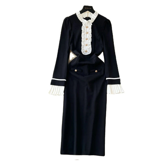 Contrast Panel Petal Neck Dress Slim Fit Black Mid Length Dress