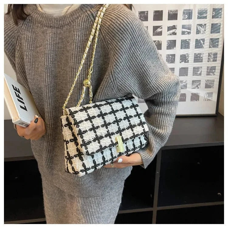 Contrast Women's Bags Luxury Designer Handbag Woolen Knitted Small Ladies Handbags Tweed Chain Shoulder Messenger Bags for Women