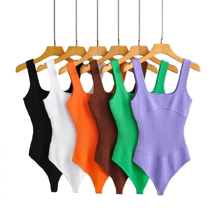 Corset Design Fashion Cotton Ribbed Waist Brown Fitness Tight Feel Sleeveless Square Neck Underwear Women Bodysuit