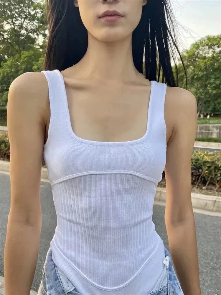 Corset Design Fashion Cotton Ribbed Waist Brown Fitness Tight Feel Sleeveless Square Neck Underwear Women Bodysuit