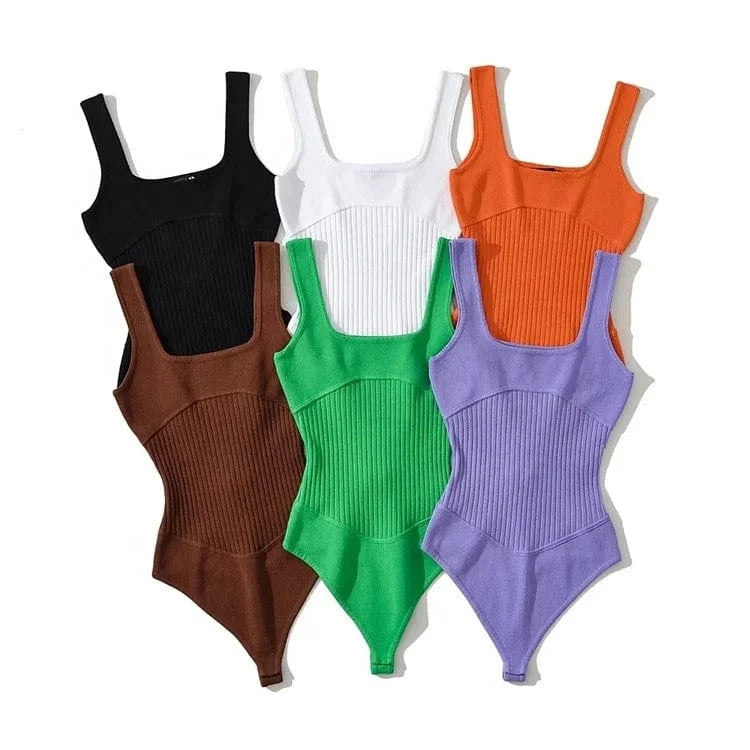 Corset Design Fashion Cotton Ribbed Waist Brown Fitness Tight Feel Sleeveless Square Neck Underwear Women Bodysuit
