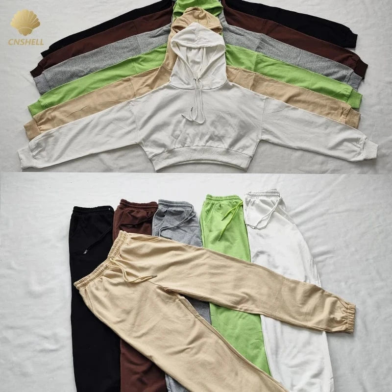 Cotton Terry Women Crop hoodie+ Jogger two piece casual wear set 260gsm breathable Cropped hoodies with Sweatpants